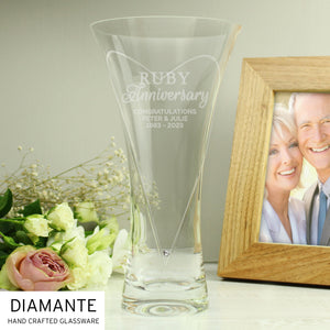 Personalised Ruby Anniversary Large Hand Cut Diamante Heart Vase with Swarovski Elements White