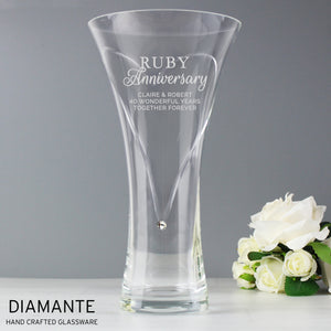 Personalised Ruby Anniversary Large Hand Cut Diamante Heart Vase with Swarovski Elements White