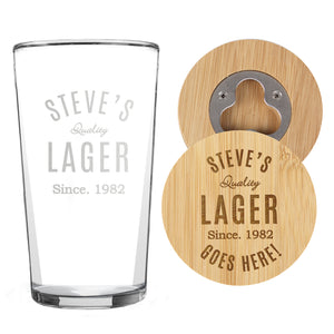Personalised Free Text Bamboo Bottle Opener Coaster and Pint Glass