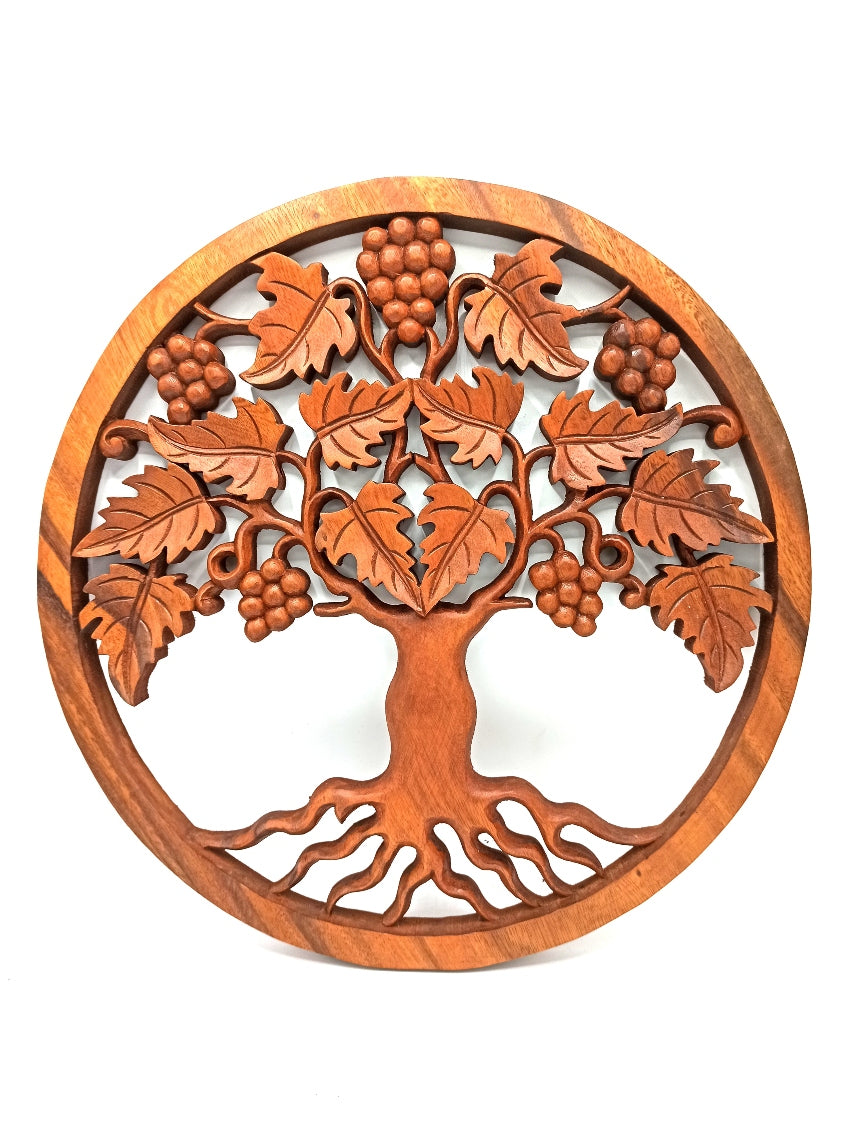 Tree of Life Grapes Hand Carved Wooden Wall Panel