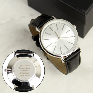 Personalised Silver with Black Leather Strap Mens Watch