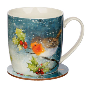 Jan Pashley Christmas Robin Christmas Porcelain Mug & Coaster Set
