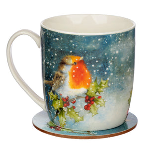 Jan Pashley Christmas Robin Christmas Porcelain Mug & Coaster Set