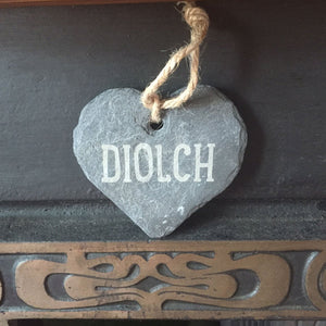 Diolch Hand Carved Slate Heart Decoration