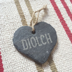 Diolch Hand Carved Slate Heart Decoration