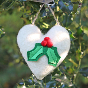 Christmas Holly Lavender Wool Heart Decoration